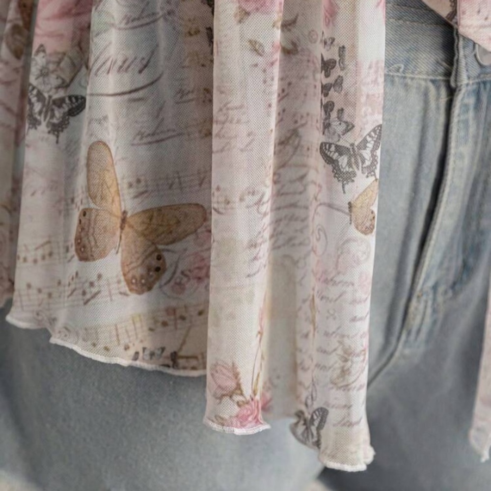 Butterfly Floral Sheer Blouse with Bell Sleeves - Picture 3 of 4